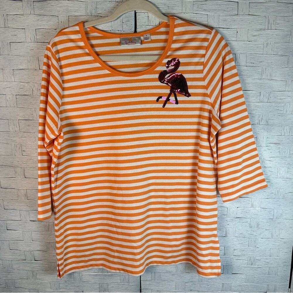 Quacker Factory 3/4 sleeve T-shirt orange white stripe sequin, hot pink flamingo